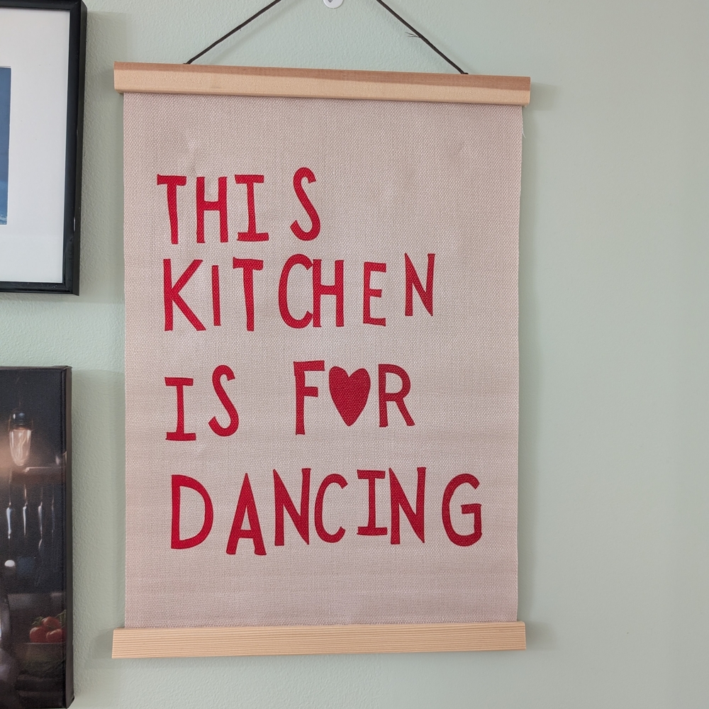 Kitchen Wall Hanging Sign - "This Kitchen Is For Dancing" - Red on Beige